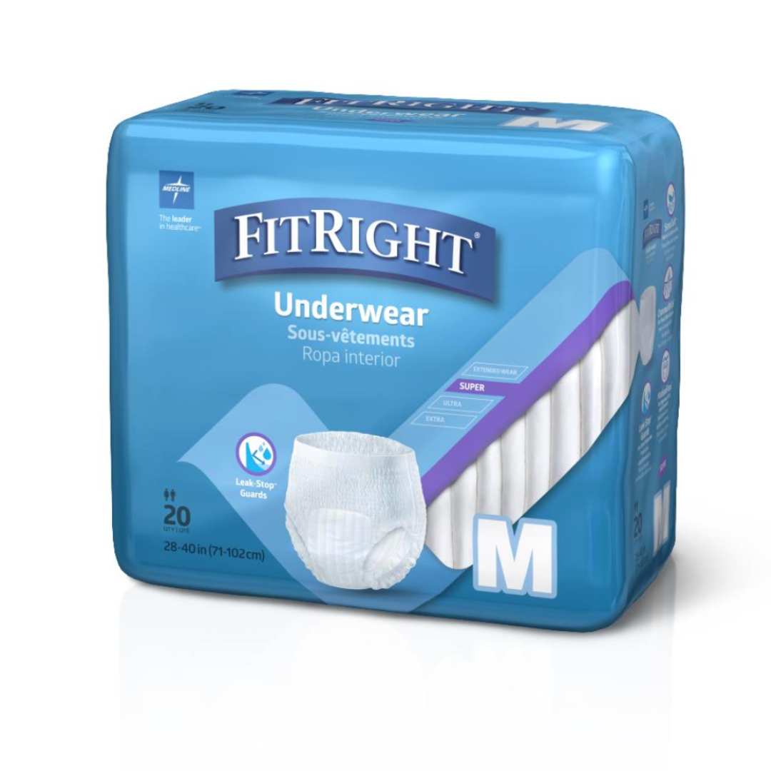 The blue packaging of FitRight Unisex Super Adult Incontinence Underwear - Heavy Absorbency showcases a medium size for 28-40 inch waists. Inside are 20 pieces with super absorbent cores and anti-leak guards for superior protection.